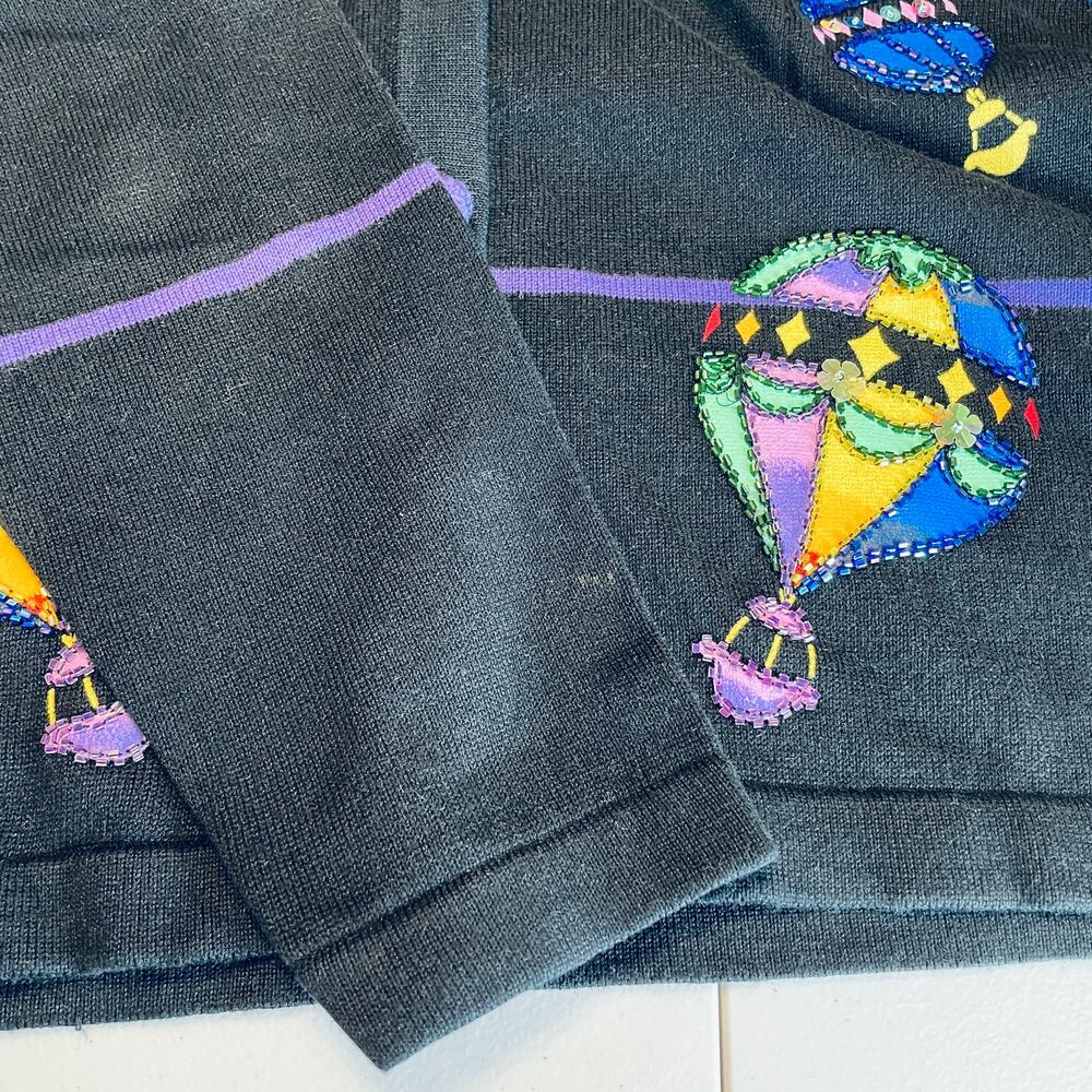 Vintage Terazzo Black Embroidered Colorful Sequin Hot Air Balloons Cardigan M - Picture 7 of 13